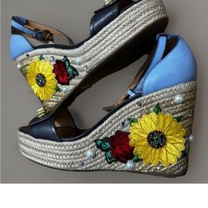 COACH Blue and Black Floral Embroidered Espadrille Wedge Sandals